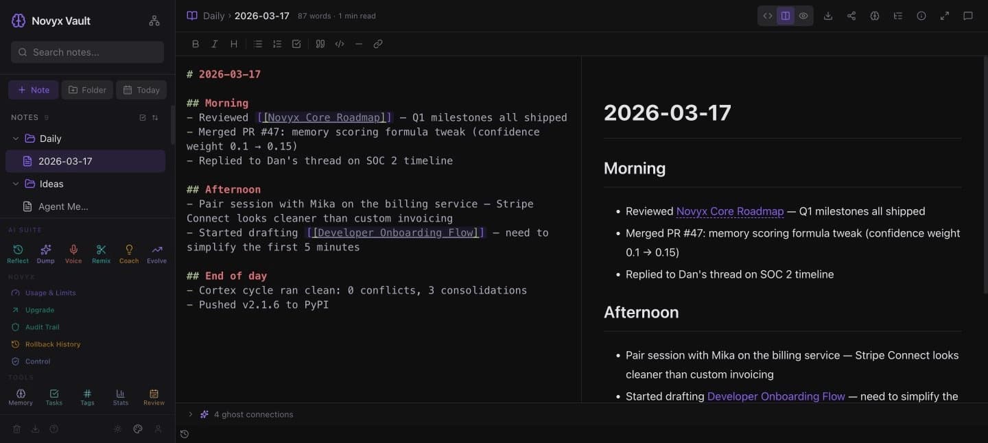 Novyx Vault — markdown editor with wiki-links, live preview, and ghost connections